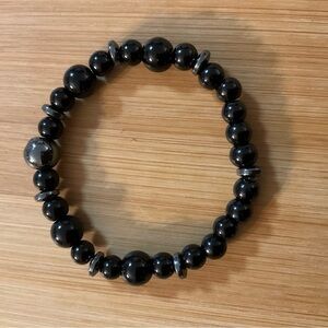 Hand Crafted Bracelet Black Beads Hematite Onyx Stretch 6”